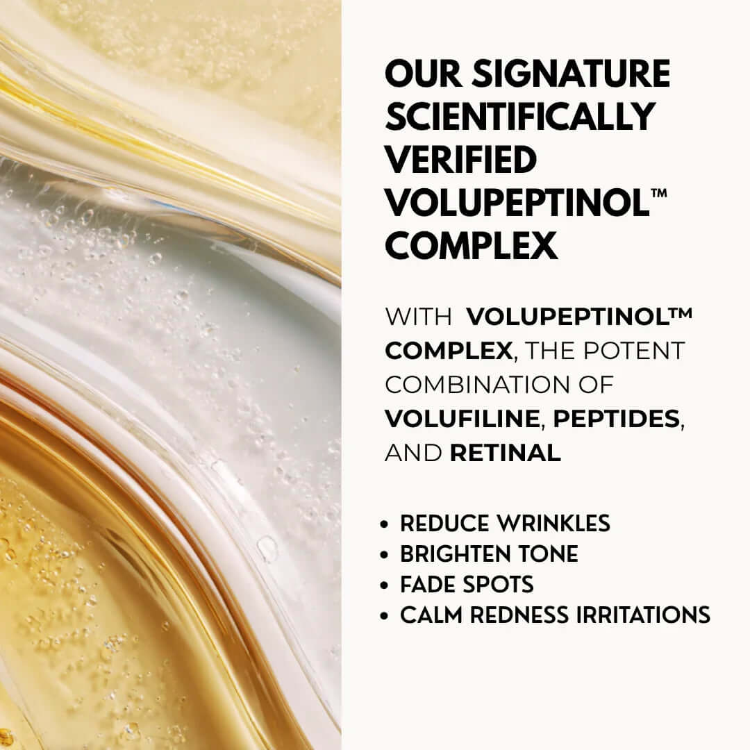 Volupeptinol™ complex highlighting its benefits, including reducing wrinkles, brightening tone, and calming redness irritations, peptide serum.