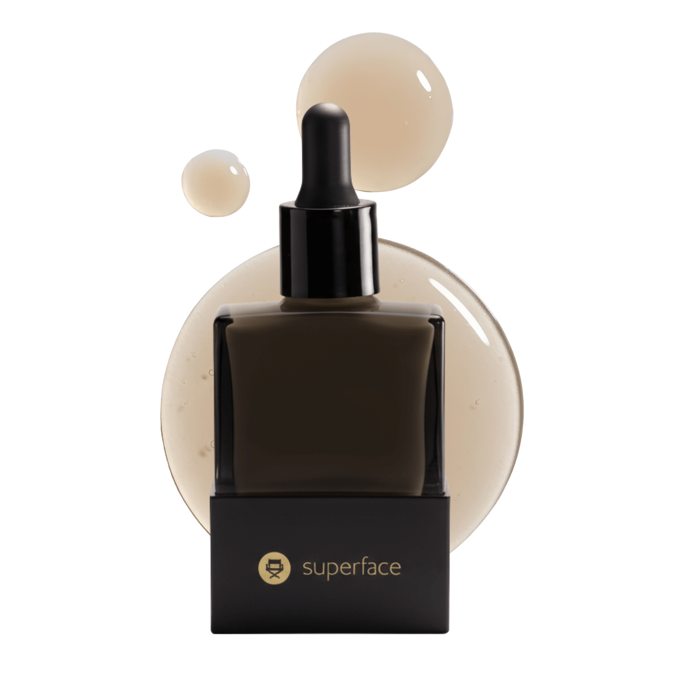 Peptide serum in a dropper bottle with a dark design and beige serum drops, showcasing effectiveness for skin vitality.
